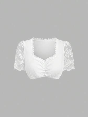 Fairmaia Blusa de mujer de unicolor elegante con parches de encaje en estilo tradicional alemán