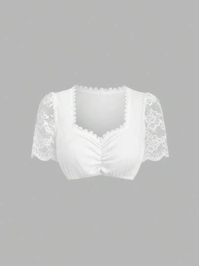 Fairmaia Women's Traditional German Elegant  Top ,Solid Color Lace Patchwork Dirndl Blouse, For Oktober