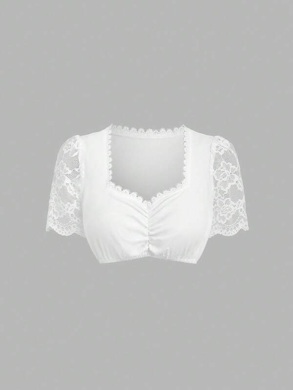 Fairmaia Damen traditionelle deutsche elegante einfarbige Spitze Patchwork Bluse
