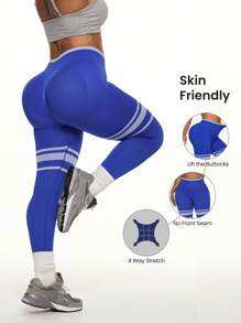 SHEIN Sports Plus-Size Women's Seamless Royal Blue Sports Leggings With White Stripes-Perfect For Yoga, Daily Wear, Casual, And Fitness Styles. - Blue - View 3