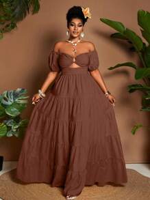 Maweii Vestido maxi casual de talla grande de unicolor con hombros descubiertos - Marrón - Ver 1