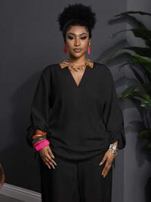 Slaydiva 两件套加大码女式休闲西式服装纯色露肩长袖上衣和裤子套装黑色裤装女式黑色两件套女式衬衫和裤子套装加大码裤装加大码两件套 - 黑色 - 查看 4