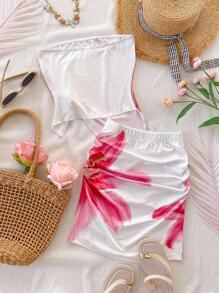 Teen Girls Floral Print Cropped Tube Top And Mini Skirt Two-Piece Casual Vacation/Outdoor Outfit