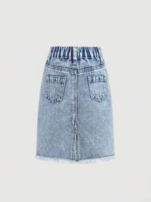 Baby Girl Classic Long Denim Skirt, With Elastic Waistband And Wrapped Front Button Closure, Ripped & Cat Whiskers Details,Contrast And Raw Hem, Flat Pockets On Back. Y2K Casual Urban Street Style. Fall Winter - Medium Wash - View 2