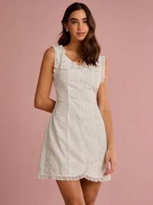 Enchnt Váy ngắn ren thêu khoét nút phía trước màu trắng giản dị mùa hè lãng mạn dành cho nữ, ngọt ngào & thanh lịch cho kỳ nghỉ & hẹn hò & ngày lễ & tiệc tùng & tốt nghiệp & khách dự tiệc cưới & bãi biển, váy dạ hội, váy mùa hè cho nữ, quần áo mùa hè, váy thanh lịch cho tiệc tùng, quần áo bohemian - trắng - Xem 1
