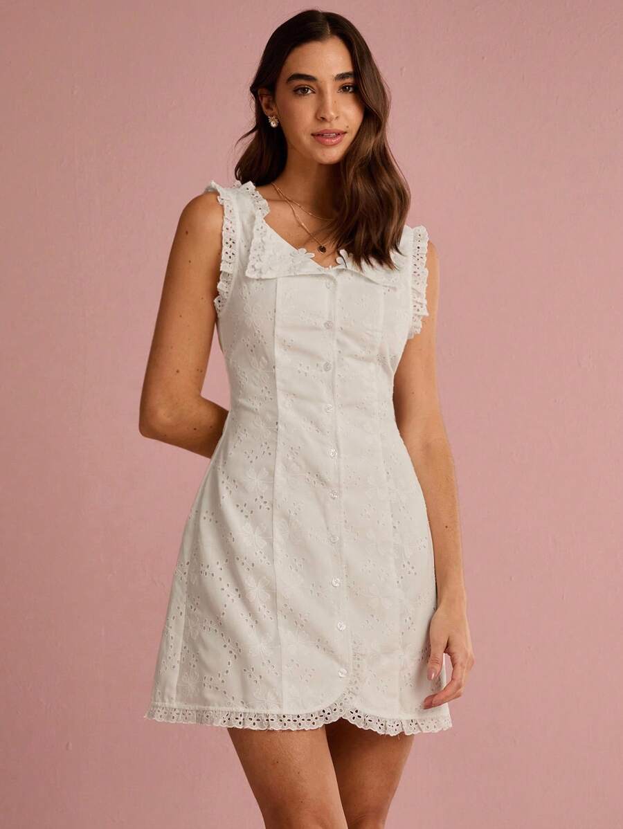 Enchnt Váy ngắn ren thêu khoét nút phía trước màu trắng giản dị mùa hè lãng mạn dành cho nữ, ngọt ngào & thanh lịch cho kỳ nghỉ & hẹn hò & ngày lễ & tiệc tùng & tốt nghiệp & khách dự tiệc cưới & bãi biển, váy dạ hội, váy mùa hè cho nữ, quần áo mùa hè, váy thanh lịch cho tiệc tùng, quần áo bohemian - trắng - Xem 1