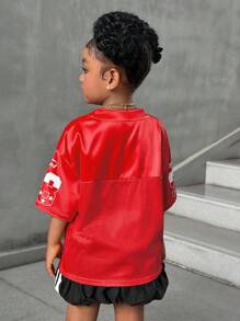 Young Girl Casual Street Style Light Blue Letter 23 Print Loose Fit Graphic T-Shirt, Fashion Sporty Top (Sibling Matching Outfits, 2pcs Sold Separately) - Red - View 3