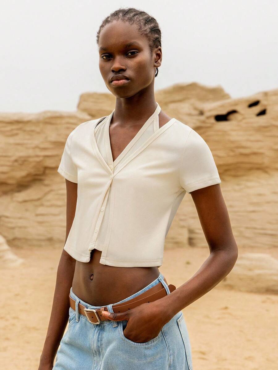 SHEIN LUNE ملابس علوية قصيرة مزدوجة للسيدات ذات لون أحادي مع أزرار أمامية، صيفية - لون مشمشي - مشاهدة 1