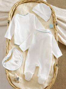 Neugeborenen 4-Teiliges Set: Langarm Bodysuit, Hose, Mütze und Lätzchen mit süßer Bärenstickerei, lässig & modisch, Frühling/Sommer