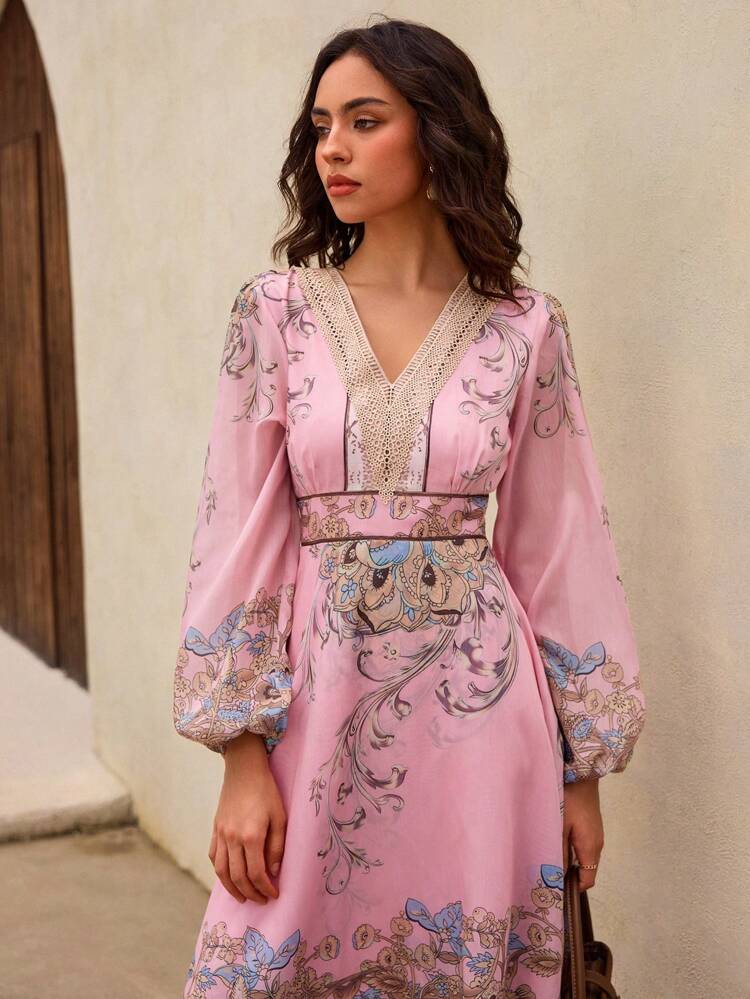 Women's V-Neck Boho Vacation Holiday Floral Pink Autumn Dress,Long Sleeve Bohemian High-Low Hem Printed Cinched Waist Long Floral Fall Dresses