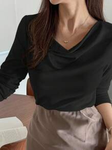 DAZY Elegante blusa de mujer de color liso con cuello con volantes, estilo femenino para otoño e invierno con manga larga