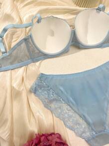 DelicateAllure Plus 2PCS Cute Baby Blue Push Up Lace Lingerie Set With Delicate Plant Pattern And Bow Accents Butterfly Lingerie Set, Lift