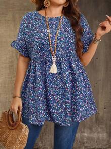 EMERY ROSE Plus Size Women Ditsy Floral Round Neck Short Sleeve Ruffled Hem Shirt For Holiday Plus Size Tunic Tops Plus Size Summer Shirt Tunic Tops For Women Boho Tops Plus Size Plus Size Women Clothes Blouse - Blue - View 5