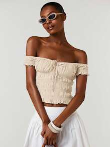 Athîral Áo crop top trễ vai màu trơn buộc dây phía trước dành cho nữ đi nghỉ - Màu be - Xem 1