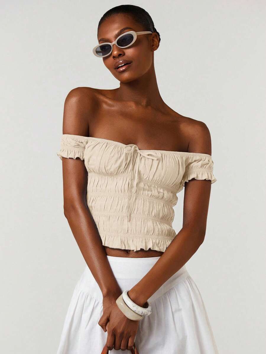 Athîral Áo crop top trễ vai màu trơn buộc dây phía trước dành cho nữ đi nghỉ - Màu be - Xem 1