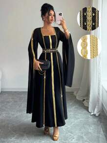 Rafferiza 女士优雅金属金色编织腰带奢华亮片串珠开叉长袖派对连衣裙 - 黑色 - 查看 1