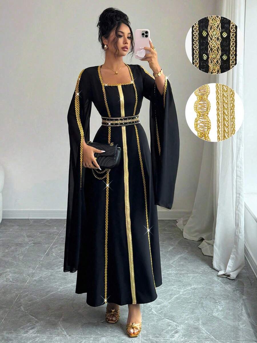 Rafferiza 女士优雅金属金色编织腰带奢华亮片串珠开叉长袖派对连衣裙 - 黑色 - 查看 1