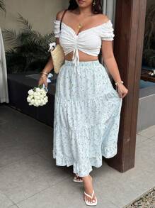 Sunnyshic Plus Size Elastic Waist Ruffle Hem Ditsy Floral Casual Skirt For Women Fall Cloth For Women