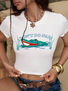 ROMWE The White Lotus Camiseta blanca de manga corta casual para mujer con estampado de cocodrilo y lema para el verano - Blanco - Ver 7
