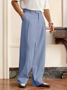 Manfinity VCAY Men's Woven Casual Loose Solid Color Elastic Waist Wide Leg Pants, Fall - Dusty Blue - View 6