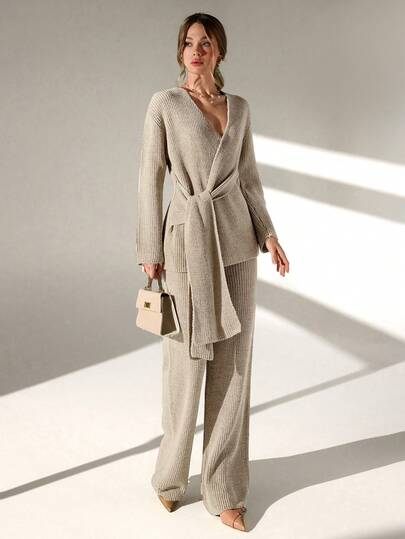 CLARA VERO Conjunto de 2 piezas de Mujer - Cardigan con detalle de lazo y Pantalón de Suéter Coordinado