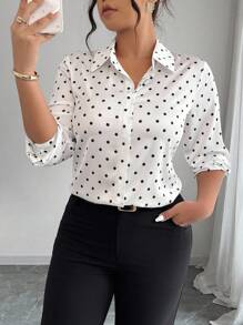 Elenzga Plus Size Polka Dot Print Button Up Short Sleeve Shirt With Random Print Fall Cloth For Women - Black and White - View 8