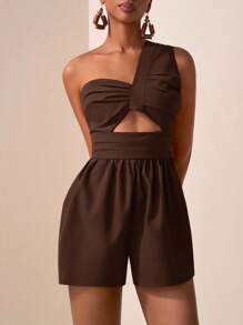 Zivah 2025 Spring/Summer New Music Festival, Easter, St. Patrick's Day, Western, Nomadic, Birthday Party, Graduation Season, Collegiate, Student Wear, Casual Daily, Basic Versatile, Leisure, Cruise Travel, Beach, Sun-Bask, Viral Online Hit, Street Style, Elegant Green Textured Fabric One Shoulder Pleated Design Waist-Cinching Wide-Leg Shorts Jumpsuit B Brown Romper Women - Brown - View 4