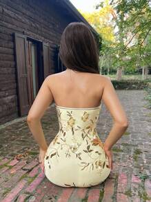 SHEIN ICON 女士亮片花卉图案紧身亮片装饰抹胸连衣裙 7 月 4 日女士服装 - 黃色 - 查看 13