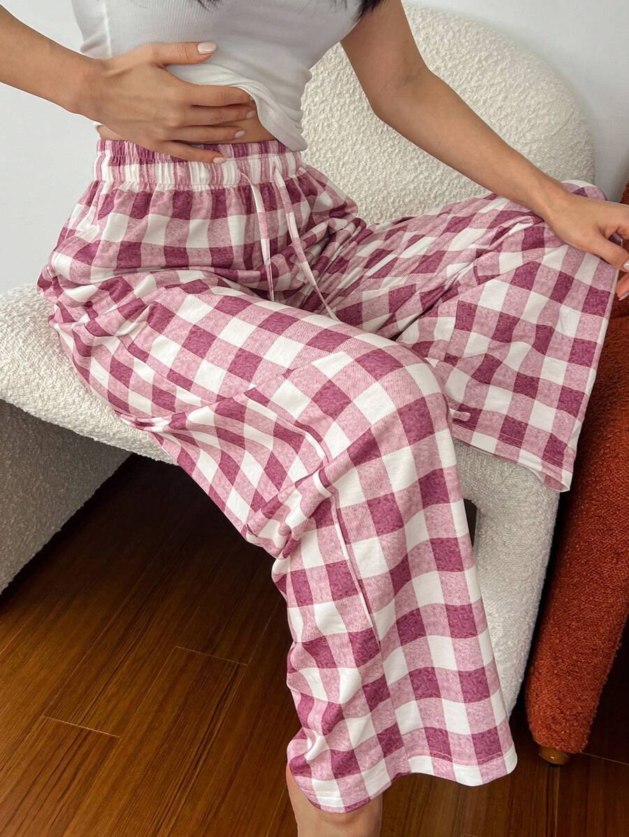DAZY Minimalist Plaid Drawstring Waist Casual Lounge Pants, Fall & Winter Pajama, Cozy - Pink - View 1