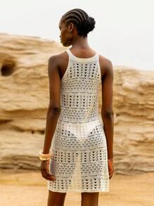 Lumivelle Women Off Shoulder Sleeveless Hollow Knitted Slip Dress