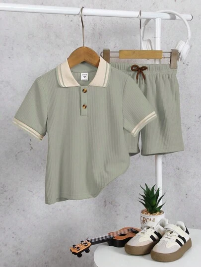 Genkimix Kids 2pcs/Set Young Boy Textured Fabric Polo Collar Shirt And Pants. Contrasting Trim Collar Creates Layered Look, Crafted With Attention To Detail, New Design Is Simple And Fashionable, Showcases Boy's Personalized, Suitable For Casual Everyday And School Wear, Fits Children Aged 4-7 During Summer Season For Getaway, Holiday, Travel, Relaxation, Sunbathing Summer Holiday