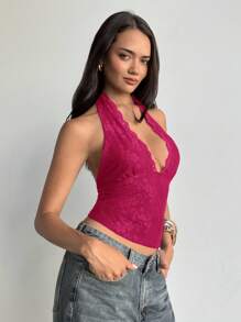 Aloruh 女士性感优雅蕾丝拼接露背深 V 吊带背心 - 玫紅色 - 查看 8