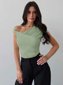 Firerie Women Modest Asymmetric Shoulder-Cross Wrap Solid Color T-Shirt With Metal Decor, Ruched Waist, Slim Fit, Suitable For Spring Summer Daily Commute, Beach, Airport , Vacation , Teachers