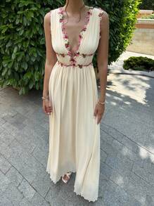 Aloruh 全新性感深 V 无袖褶皱腰 A 字裙，轻盈，适合派对、音乐节、鸡尾酒会 - 米色 - 查看 6