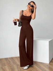 Flirla Petite Women's Simple Solid Color Hollow Back Jumpsuit, Summer - Coffee Brown - View 2