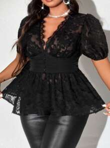 Plus Size Women V-Neck Lace Short Puff Sleeve Blouse - Black - View 2