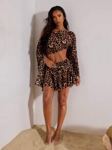 Opulessa Women's Woven Animals Printed Loose Cropped Shirt & A-Line Skirt Set, Holiday Outfits, Summer Outfits Vacation Leopard Print Leopard Set Cheetah Print Brown Leopard Print ,Two Piece Set Cheetah Print, New Casual Vacation Western, Patrick's Day Spring Break Easter Music Festival Elegant Bohemian Tropical Halter Neck Knit Asymmetrical Necks& Flared Sleeved Blouse And Shorts Set,For Autumn And Winter