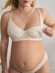 Moonlight&Mama 大码女士纯色撞色蕾丝休闲孕妇文胸 - 杏色 - 查看 5
