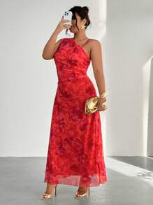 Firerie 加大码女式优雅简约时尚基本休闲工作办公室通勤影响者音乐节海滩度假网状透明不对称领口褶皱修身无袖长裙 - 橘色 - 查看 6