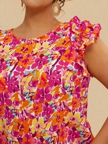 SHEIN VCAY 大码全身花卉印花荷叶边衬衫、无袖上衣，适合母亲节、复活节、度假、音乐会等场合 - 彩色 - 查看 1