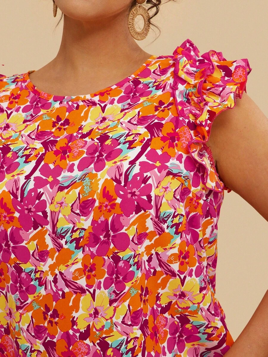 SHEIN VCAY 大码全身花卉印花荷叶边衬衫、无袖上衣，适合母亲节、复活节、度假、音乐会等场合 - 彩色 - 查看 1