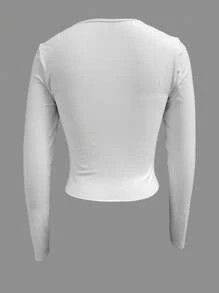 INAWLY Tricou mulat cu mânecă lungă, cu decolteu în V, de culoare uni, toamnă - alb - Vizualizare 3