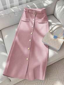 GlowEve 女式纯色单纽扣长款休闲工作裙 - 粉色 - 查看 1
