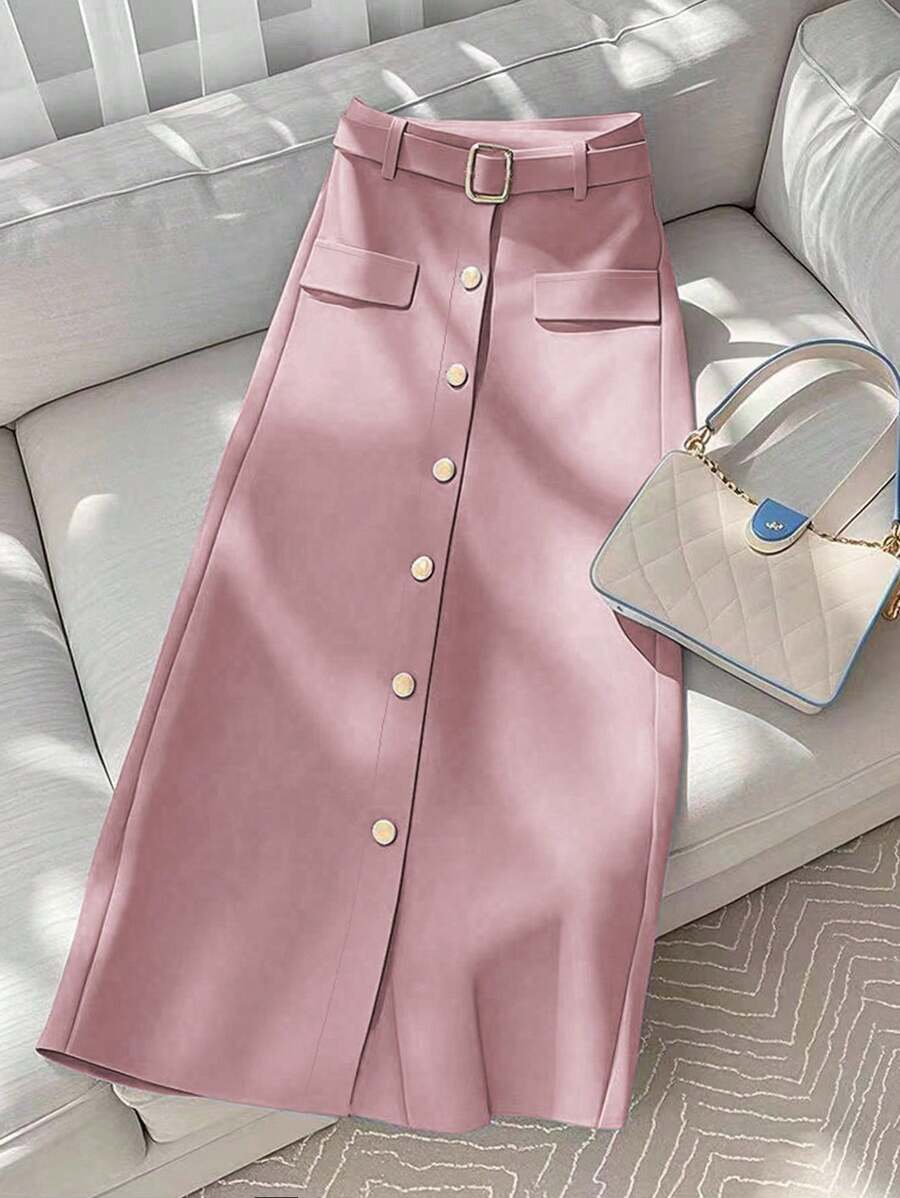 GlowEve 女式纯色单纽扣长款休闲工作裙 - 粉色 - 查看 1