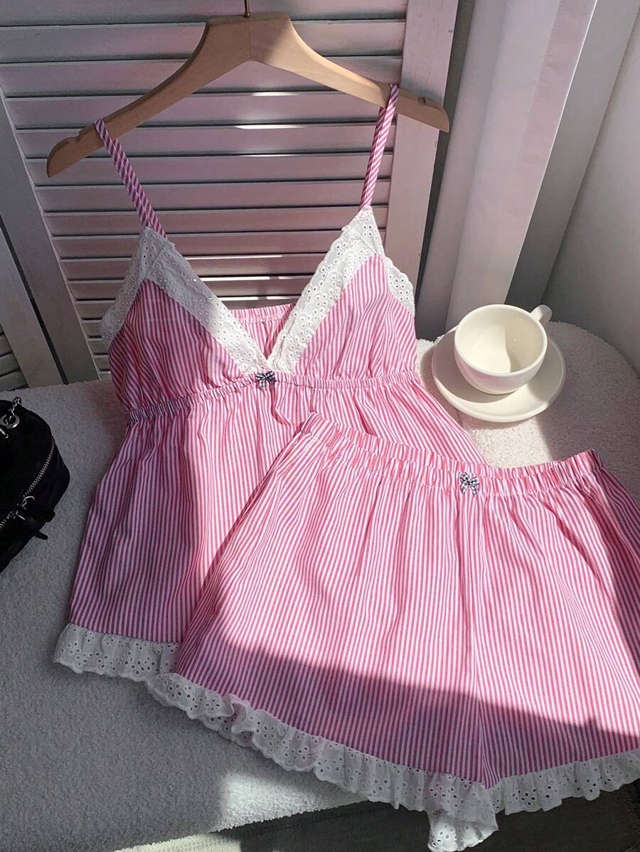 Comfortcana Bộ 2 món áo hai dây kẻ sọc và quần short ren giản dị mùa hè dành cho nữ - Đỏ - Xem 1