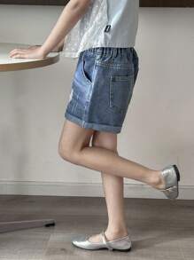 Tween Girls Casual Versatile Streetwear Distressed Designed Comfortable Washed Denim Shorts, Fashionable Item For Party, Campus In 2025
