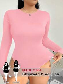 SHEIN PETITE CURVE 大码纯色圆领长袖紧身衣 - 粉色 - 查看 1