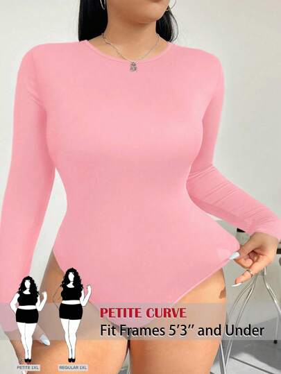 SHEIN PETITE CURVE Plus Size Solid Color Round Neck Long Sleeve Bodysuit, Suitable For People Of Shorter Stature