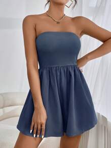 SHEIN Essnce Áo liền quần nữ Lộ Lưng Túi Gân đan màu trơn Giải trí - Màu xanh bụi bặm - Xem 4