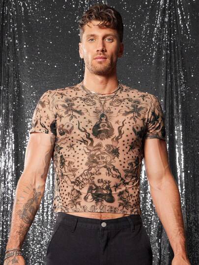 FeverCity Camiseta de cuello redondo de manga corta con estampado digital ajustada para hombres